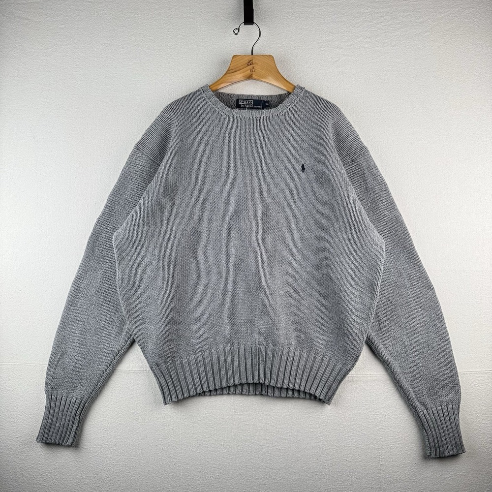 90's Vintage Polo Ralph Lauren Knit Sweater Men's XL Gray Cotton Crew Neck